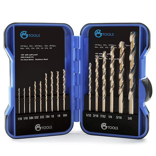 GMTOOLS 15Pcs Cobalt Drill Bit Set, M35 HSS, 135 Degree Tip, Twist Jobber Length Drill Bit Kit for Hardened Metal, Cast Iron, Stainless Steel, Plastic and Wood, with Indexed Storage Case 1/16"-3/8"