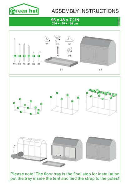 Green Hut 96"x48"x72" Roof Cube Grow Tent with Observation Windows, Lightproof, Mylar Hydroponic Tent with Floor Tray for Indoor Plant Growth