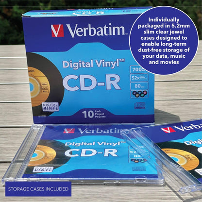 Verbatim CD-R Blank Discs 700MB 80min 52X Recordable Disc for Data and Music with Digital Vinyl Surface - 10pk Slim Case Blue/Green/Orange/Pink/Purple