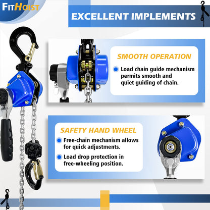 FITHOIST Mini Chain Hoist 1/2 Ton 1100Lbs Capacity 10Ft Lift Manual Lever Chain Hoist Alloy Steel G80 Chain 2 Heavy Duty Hooks, for Garages Warehouse Automotive Machinery