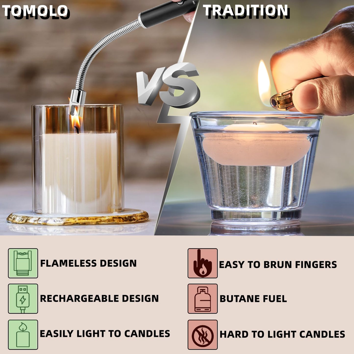 TOMOLO 2 Pack Electric Candle Lighter USB Rechargeable Flameless Windproof Arc Lighter with Flexible Neck, Safety Switch for Candle, Grill, BBQ, Camping & Kitchen (Black&Silver)