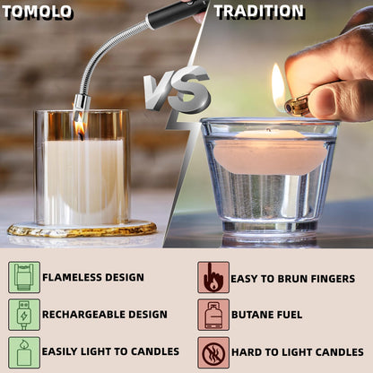 TOMOLO 2 Pack Electric Candle Lighter USB Rechargeable Flameless Windproof Arc Lighter with Flexible Neck, Safety Switch for Candle, Grill, BBQ, Camping & Kitchen (Black&Silver)