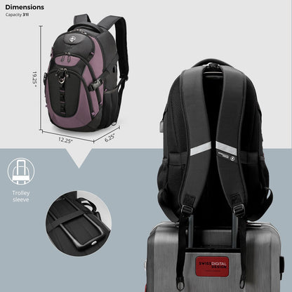 Swissdigital Design Laptop Backpack with USB Charging Port, TSA Travel Backpack Fits 15.6 inches Computer, 31L College School Backpack for Women, Light Purple/Black | SD803
