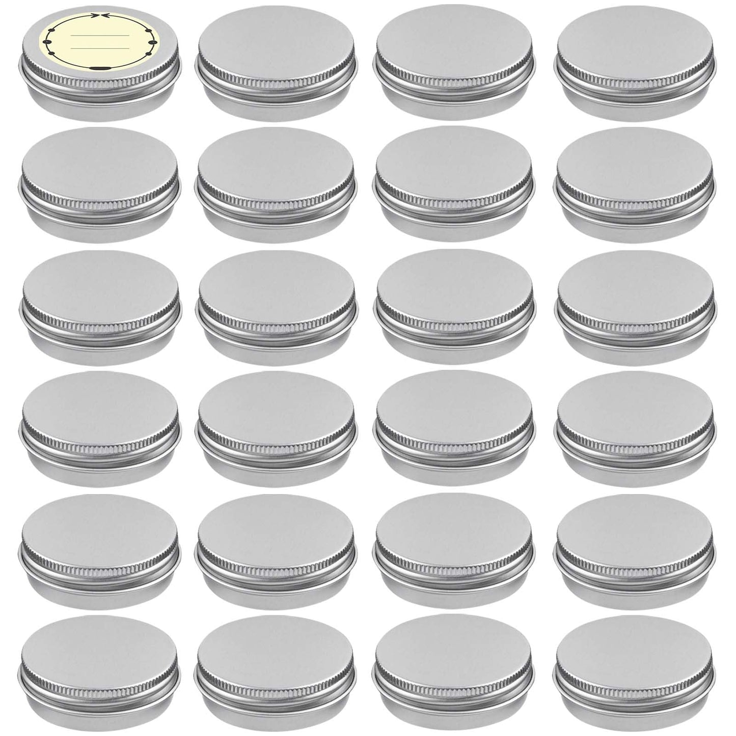 TUZAZO 24Pack 1 Oz Aluminum Tin Cans with Screw Lid and Labels, Refillable Travel Sized Cosmetic Containers Small Tins for Salves, Lotion Bars, Beard Balms, Candles