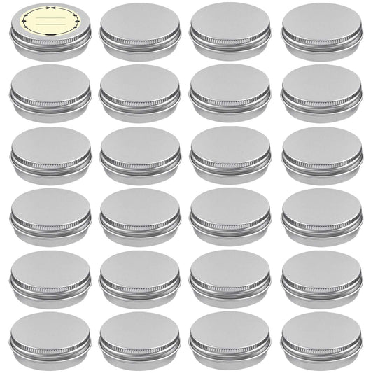 TUZAZO 24Pack 1 Oz Aluminum Tin Cans with Screw Lid and Labels, Refillable Travel Sized Cosmetic Containers Small Tins for Salves, Lotion Bars, Beard Balms, Candles