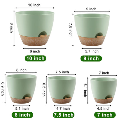 QRRICA Plant Pots 10/9/8/7.5/7 Inch Self Watering Pots, Set of 5 Plastic Planters with Drainage Holes and Saucers,Plastic Flower Pots,Nursery Planting Pot for Indoor Out Door Plants（Green）