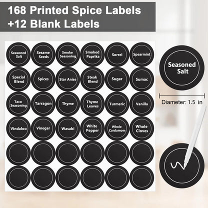180 Spice Labels for Food Containers, Chalkboard Labels for Jars, Spice Label Stickers Herb Seasoning Kitchen Pantry Labels, Small Chalk Sticker Spice Jar Label Round 168 Printed, 1 Erasable Chalk