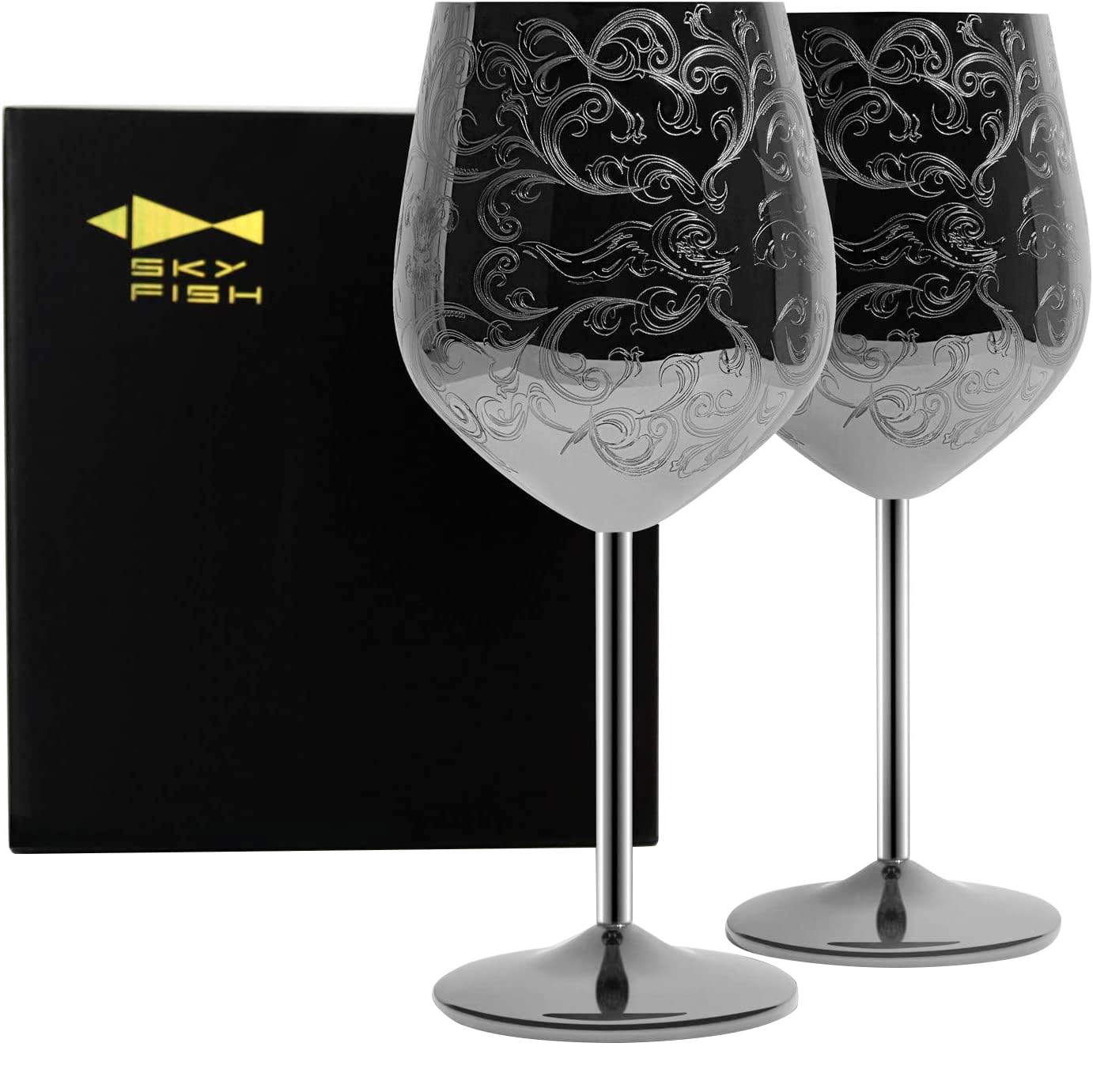 Sky Fish Stainless Steel Wine Glasses With Black Plated,etched with intricate and authentic baroque engravings,Royal style wine goblets,Set of 2(17oz)