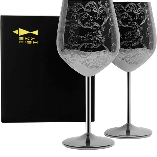Sky Fish Stainless Steel Wine Glasses With Black Plated,etched with intricate and authentic baroque engravings,Royal style wine goblets,Set of 2(17oz)
