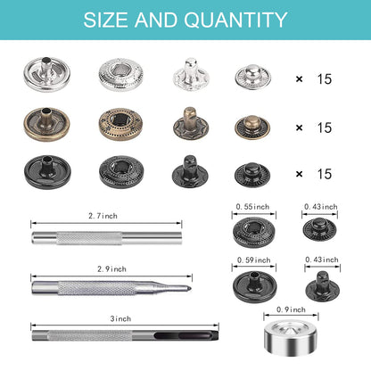 45 Set Leather Snap Fasteners Kit, 15mm Stainless Steel Leather Snaps Kit with 4 Install Tools, 3 Color Snaps for Clothes, Jacket, Down Jeans Wears, Bracelets, Bag, DIY Crafts