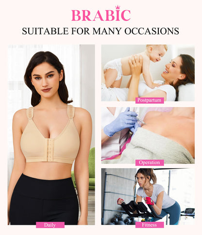 BRABIC Women Post-Surgical Sports Support Bra Front Closure with Adjustable Straps Wirefree Racerback (Beige, 2XL (fit for 40B 40C 42A 42B))
