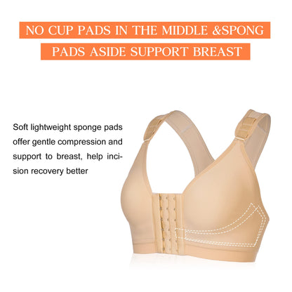 Wonderience Sports Support Bra Post-Surgical Wide Adjustable Straps with Front Closure Wirefree (Beige, Large)