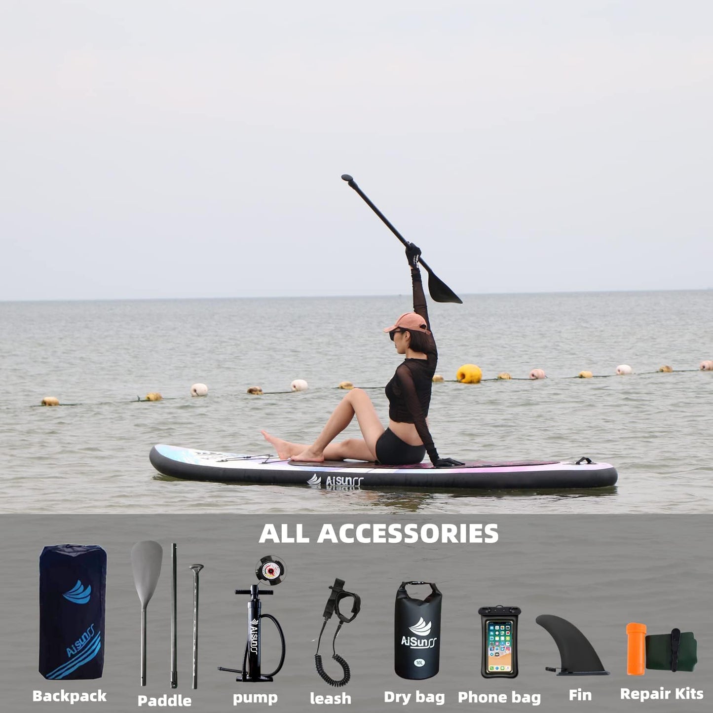 AISUNSS Inflatable Paddle Board for Adult, Paddle Board for All Skill Levels, Wide SUP Board with Primium Accessories Include SUP Carry Bag, Hand Pump, 10L Waterproof Bag and Adj Paddle