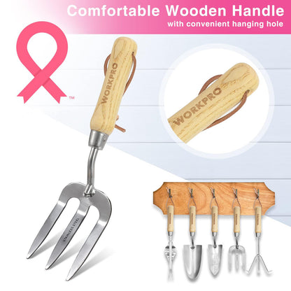 WORKPRO 8-Piece Pink Garden Tool Set, Stainless Steel Gardening Tools with Wood Handle, Including Garden Tote, Gloves, Trowel, Hand Weeder, Cultivator and More, Gardening Gifts For Women - Pink Ribbon