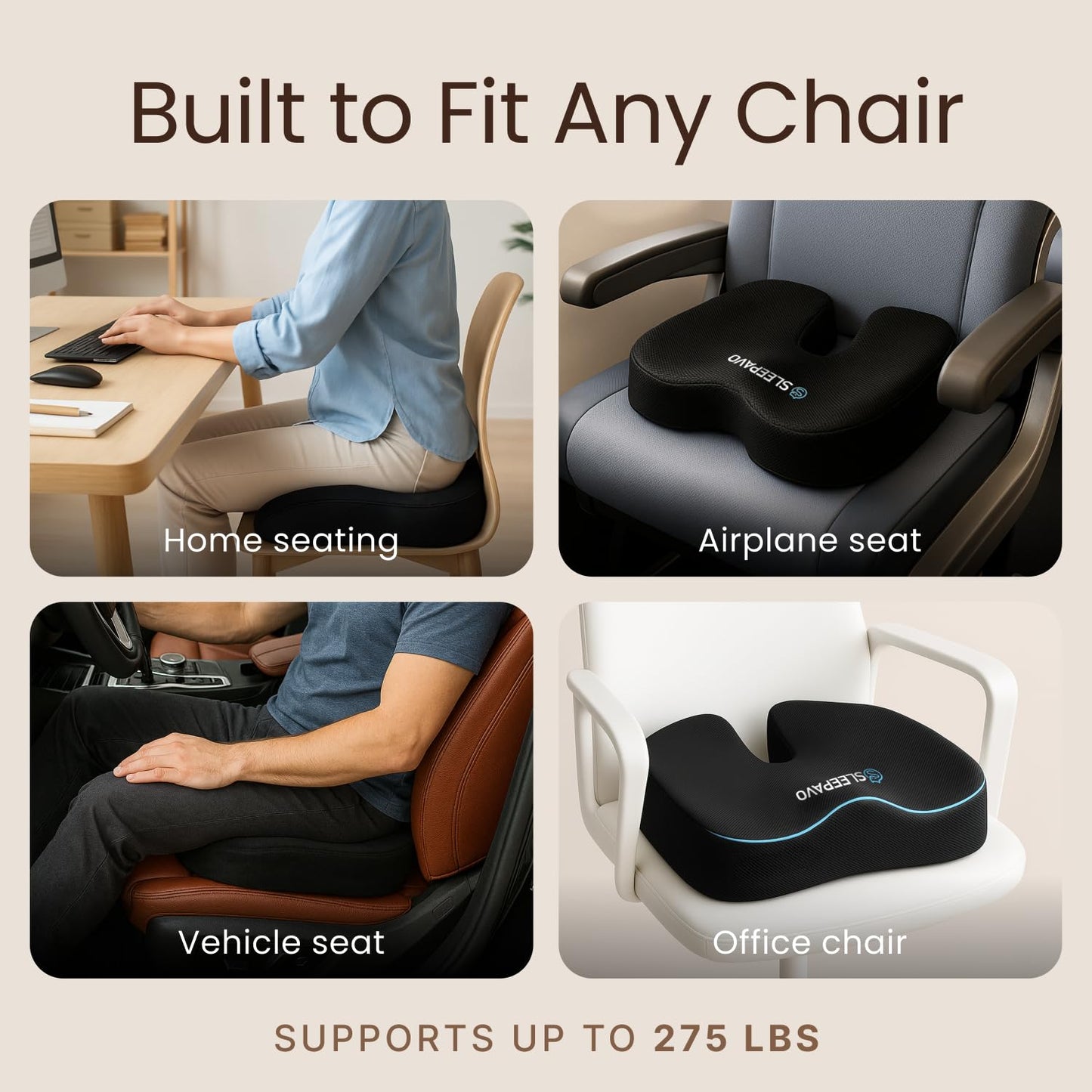 Sleepavo Office Chair Cushion - Seat Cushion for Tailbone Pain Relief - Butt Pillow for Coccyx, Sciatica, and Lower Back Pain - Orthopedic Chair Pad for Lumbar Support in Office Desk, Car, Airplane