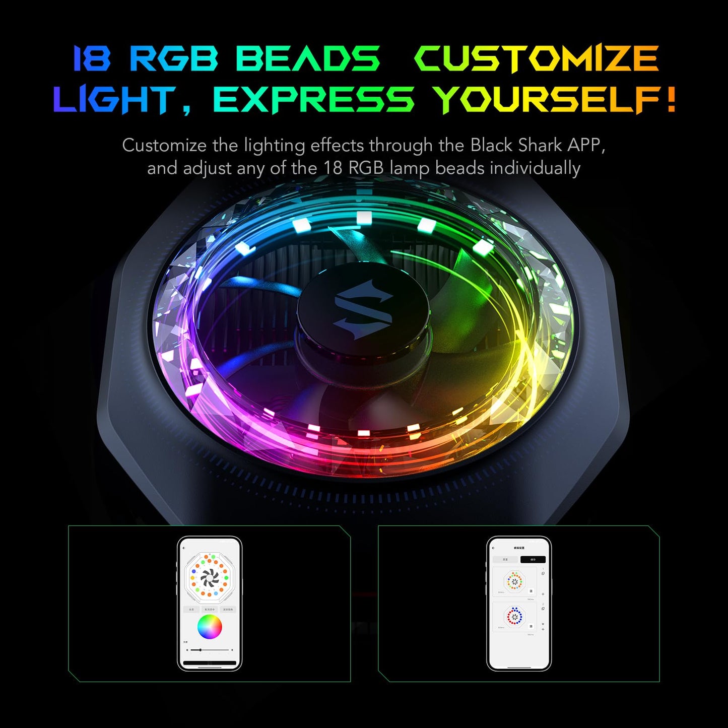 Black Shark Magnetic Phone Cooler 5 Pro - 18 Addressable RGB LEDs, Detachable Grip, APP-Controlled Thermostatic Cooling Fan for iPhone MagSafe/Android/iPad -Gaming/Streaming/Photography