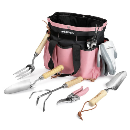 WORKPRO 8-Piece Pink Garden Tool Set, Stainless Steel Gardening Tools with Wood Handle, Including Garden Tote, Gloves, Trowel, Hand Weeder, Cultivator and More, Gardening Gifts For Women - Pink Ribbon