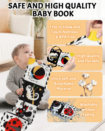 Tummy Time Toys, High Contrast Baby Book with Mirror & Teether, Black and White Infant Books, 0-6-12 Months Soft Book for Newborn, Sensory Books, Tummy Time Car Seat Toys 0-6 Month Boy Girl Gift