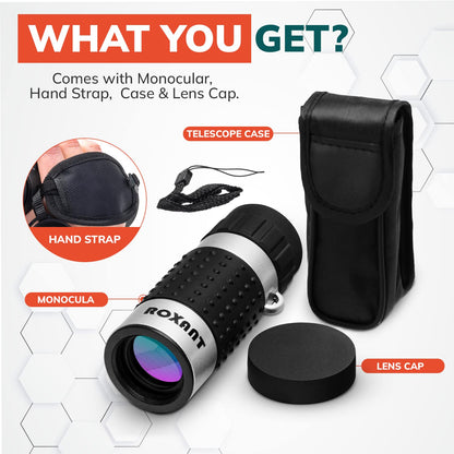 Roxant Mini Monocular Telescope - High Definition Ultra Light Pocket Telescopes - Includes Compact Monoculars, Neck Strap & Cleaning Cloth, Monoculars for Adults, High Powered Handheld Telescope