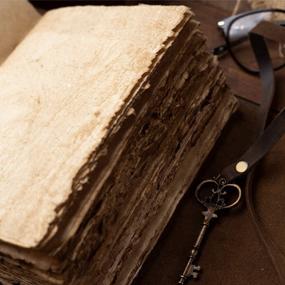 Vintage Leather Journal - Antique Handmade Deckle Edge Vintage Paper Leather Bound Journal - Book of Shadows Journal - Leather Sketchbook - Drawing Journal - Great Gift (Vintage Brown, 9"x6")