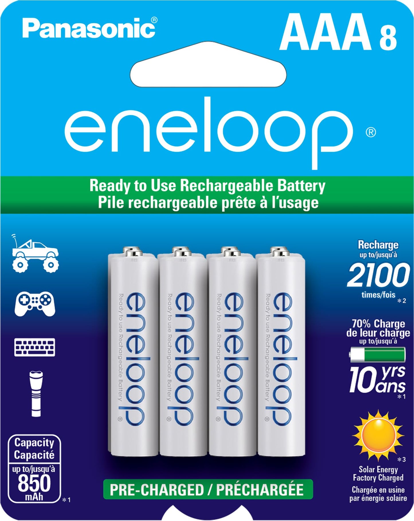 Eneloop Panasonic BK-4MCCA8BA AAA 2100 Cycle Ni-MH Pre-Charged Rechargeable Batteries, 8-Battery Pack