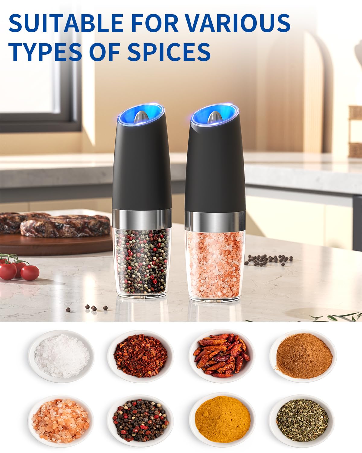 CIRCLE JOY Gravity Electric Salt and Pepper Grinder Set Automatic Salt and Pepper Grinder Set with LED Light, Battery Operated, Adjustable Coarseness, Large Capacity, for Home Kitchen BBQ