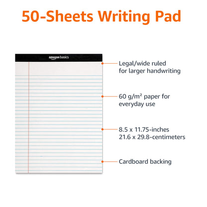 Amazon Basics Wide Ruled Lined Writing Note Pads, 8.5 inch x 11.75 inch, White, 12 Count (12 Pack of 50)