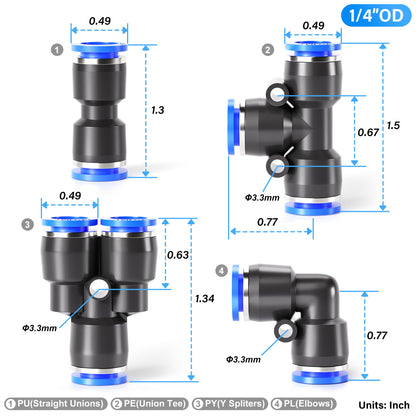 TAILONZ PNEUMATIC 1/4 Inch od Push to Connect Fittings Pneumatic Fittings Kit 10 Spliters+10 Elbows+10 tee+10 Straight (40 pcs)