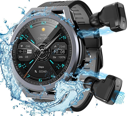 W@nyou Smart Watch with Earbuds, 1.53 inch Round Fitness Tracker, All-in-one Smartwatches with Heart Rate Blood Pressure Oxygen Sports TWS Music for Android iOS