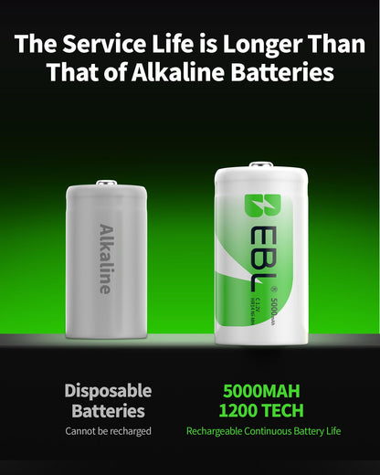 EBL Rechargeable C Batteries 5000mAh Ni-MH C Size Battery, Pack of 8