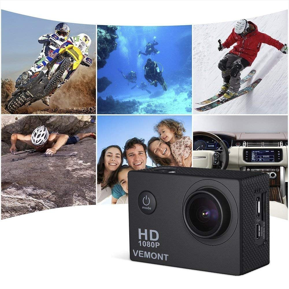 VEMONT Action Camera, 1080P 12MP Sports Camera Full HD 2.0 Inch Action Cam 30m/98ft Underwater Waterproof Snorkel surf Camera with Wide-Angle Lens and Mounting Accessories Kit