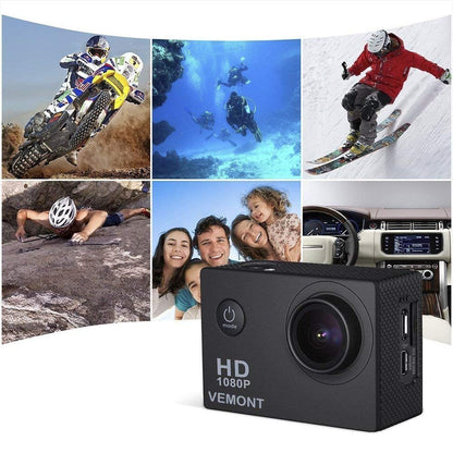 VEMONT Action Camera, 1080P 12MP Sports Camera Full HD 2.0 Inch Action Cam 30m/98ft Underwater Waterproof Snorkel surf Camera with Wide-Angle Lens and Mounting Accessories Kit