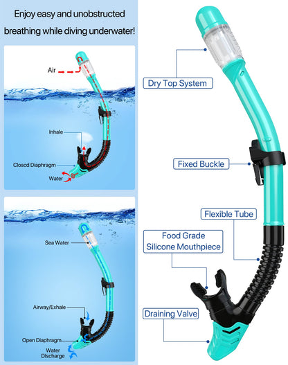 Ubekezele Snorkeling Gear for Adults Men Women,4 in 1 Snorkel Set with Panoramic View Diving Mask Anti-Fog Anti-Leak,Dry Top Snorkel,Fins and Travel Bag for Swimming,Snorkeling and Travel Diving