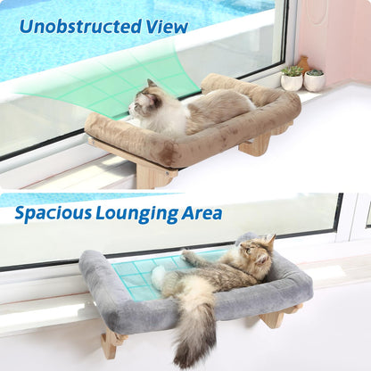 Zakkart Cat Perch for Window Sill with Bolster - Orthopedic Hammock Design with Premium Hardwood & Robust Metal Frame - Cat Window Seat for Large Cats and Kittens - Natural Color Wood with Gray Bed