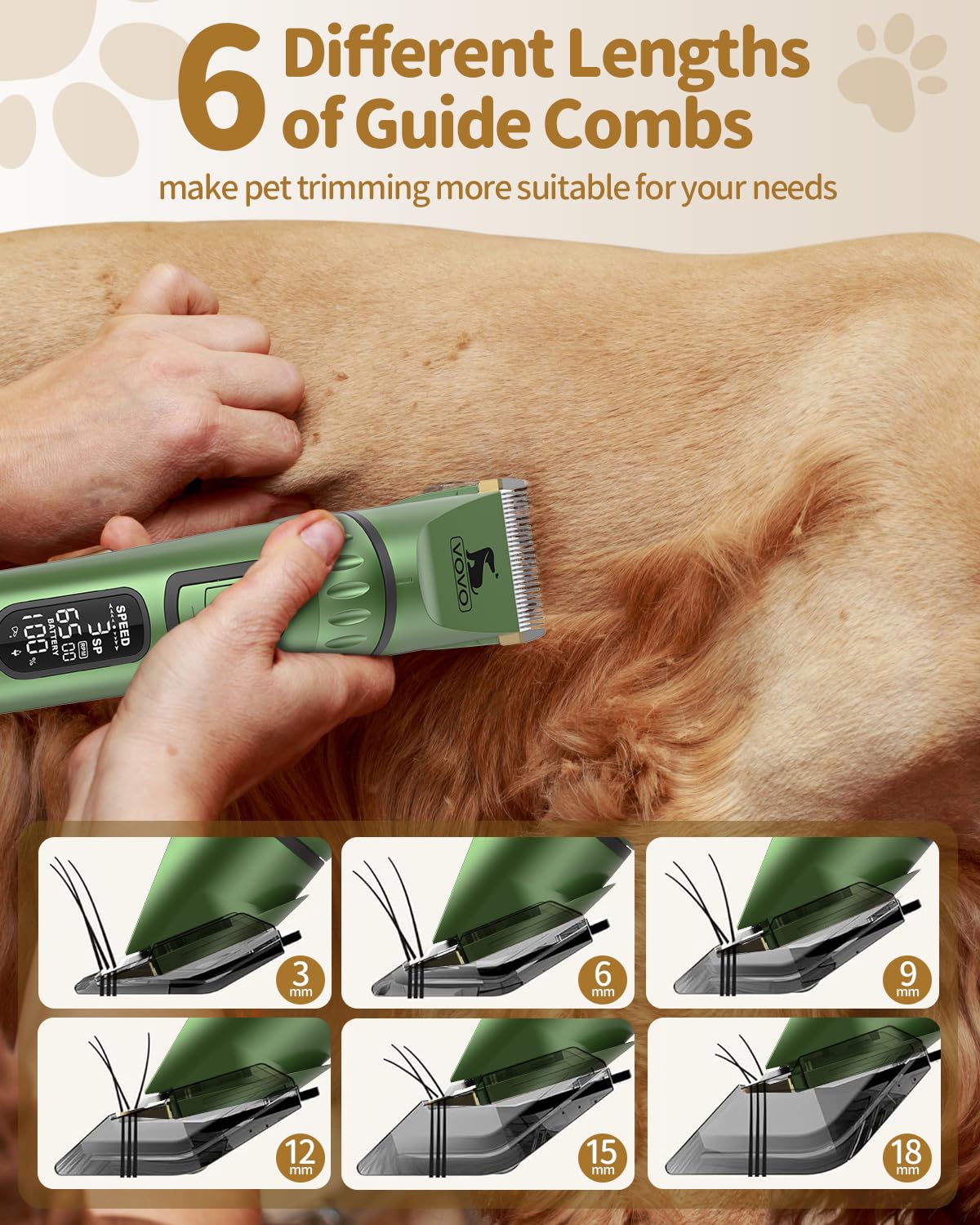 Vovo Dog Hair Clippers 3-Speed Heavy Duty Cordless Electric Dog Grooming Kit (Green)