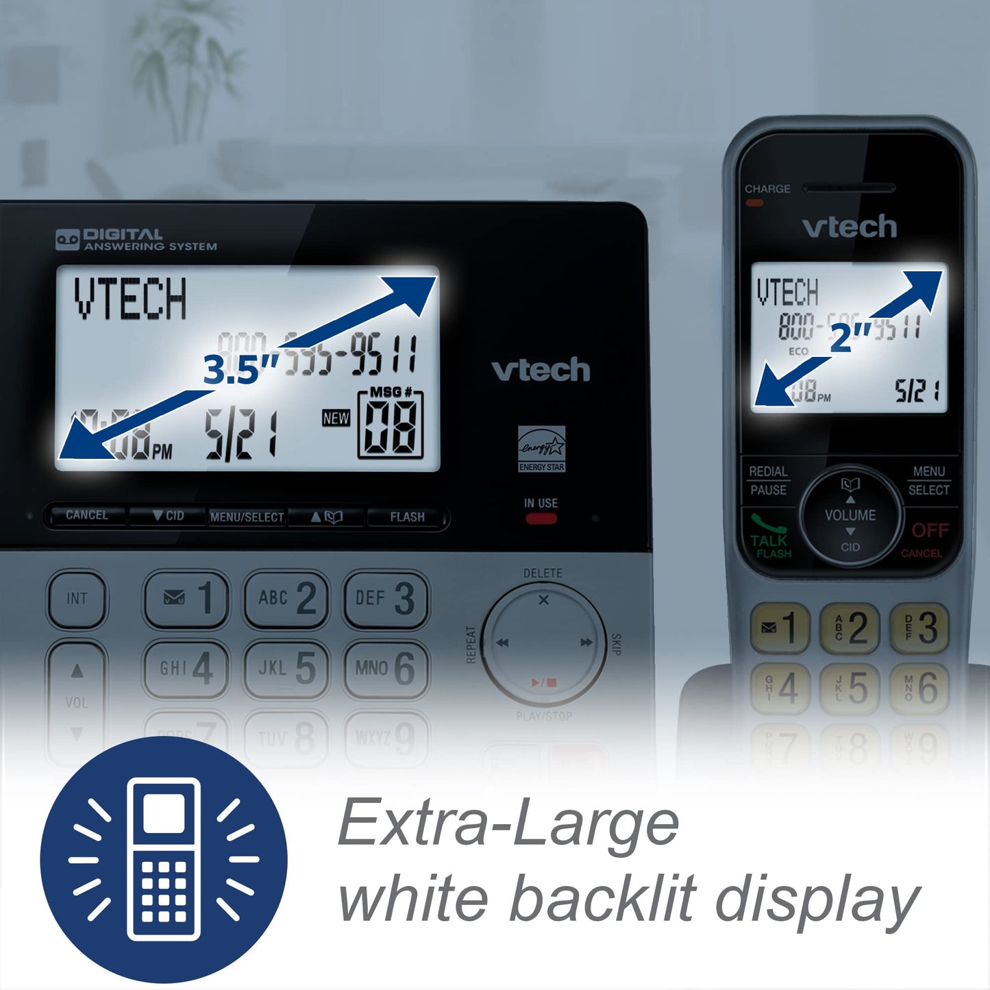 VTech VG208 DECT 6.0 Corded/Cordless Phone for Home with Answering Machine, Call Blocking, Caller ID, Large Backlit Display, Duplex Speakerphone, Intercom, Line-Power(Silver/Black)