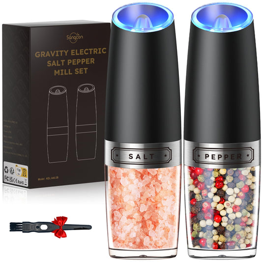Sangcon Gravity Electric Salt and Pepper Grinder Set Automatic Shakers Mill Grinder with LED Light, BATTERY POWERED Adjustable Coarseness One Hand Operation, Upgraded Larger Capacity