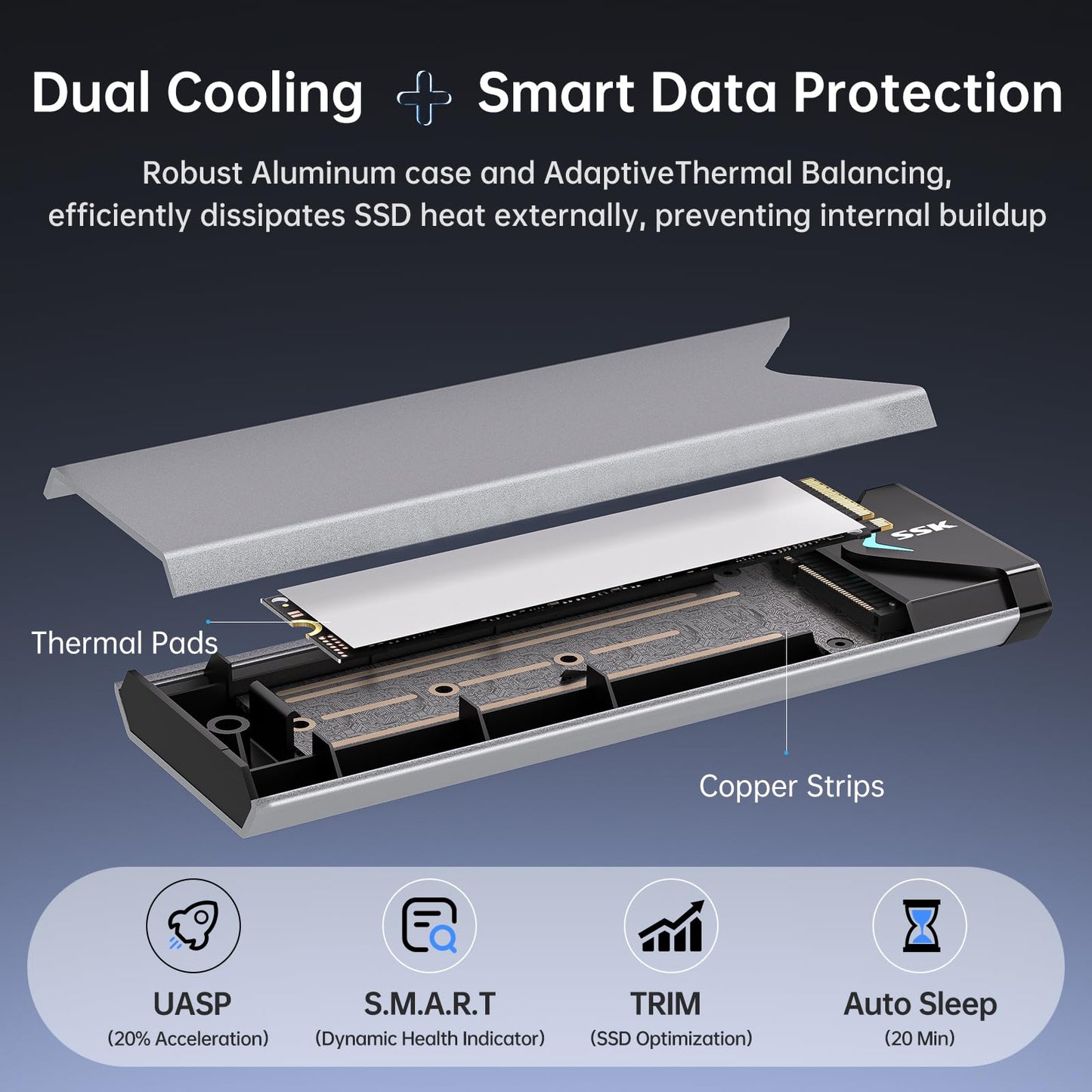 SSK M.2 NVME SATA SSD Enclosure Adapter, USB 3.2 Gen 2 (10 Gbps) to NVME PCI-E SATA M-Key/(B+M) Key Solid State Drive External Enclosure Aluminum Support UASP Trim for SSDs 2242/2260/2280