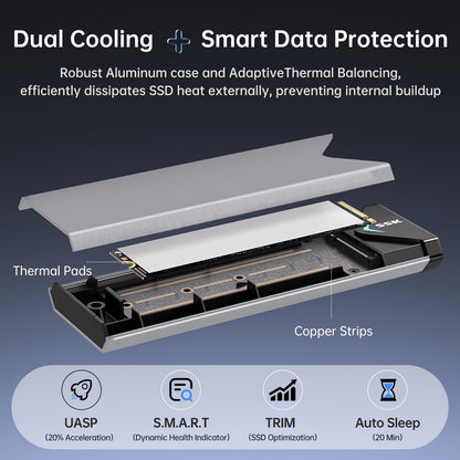 SSK M.2 NVME SATA SSD Enclosure Adapter, USB 3.2 Gen 2 (10 Gbps) to NVME PCI-E SATA M-Key/(B+M) Key Solid State Drive External Enclosure Aluminum Support UASP Trim for SSDs 2242/2260/2280