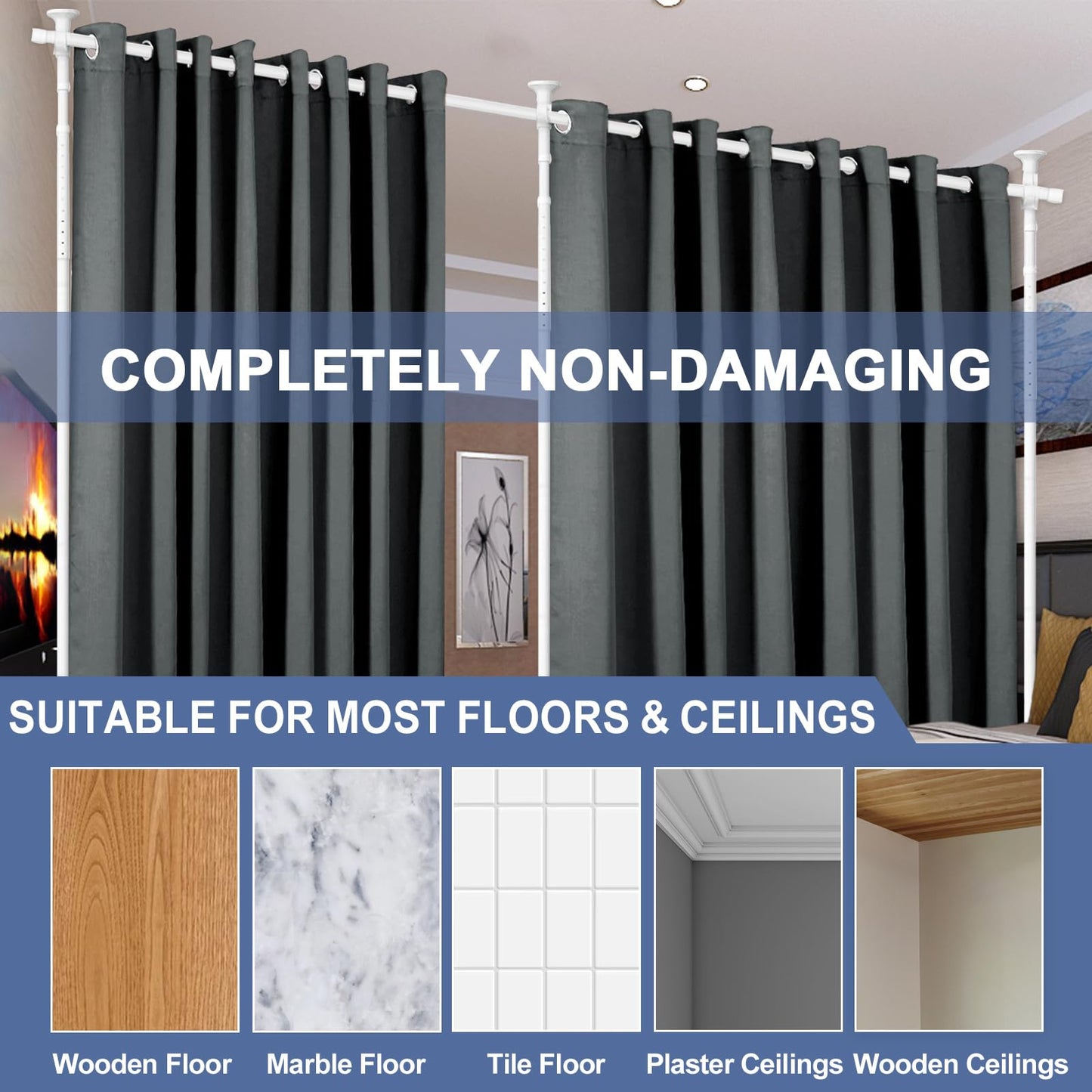 Room Divider, No Drilling Curtain Rod for Room Separation, 4-10ft (H) 28-114inch(W) Adjustable Heavy Duty Floor to Ceiling Tension Rod Wall Dividers Temporary Privacy Separator Window Rods White