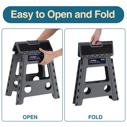 Flottian 16" Folding Step Stool for Adults and Kids Holds Up to 300 lbs,Non-Slip Folding Stools with Handle, Compact Plastic Foldable Step Stool for Bathroom,Bedroom, Kitchen, Gray,1PC