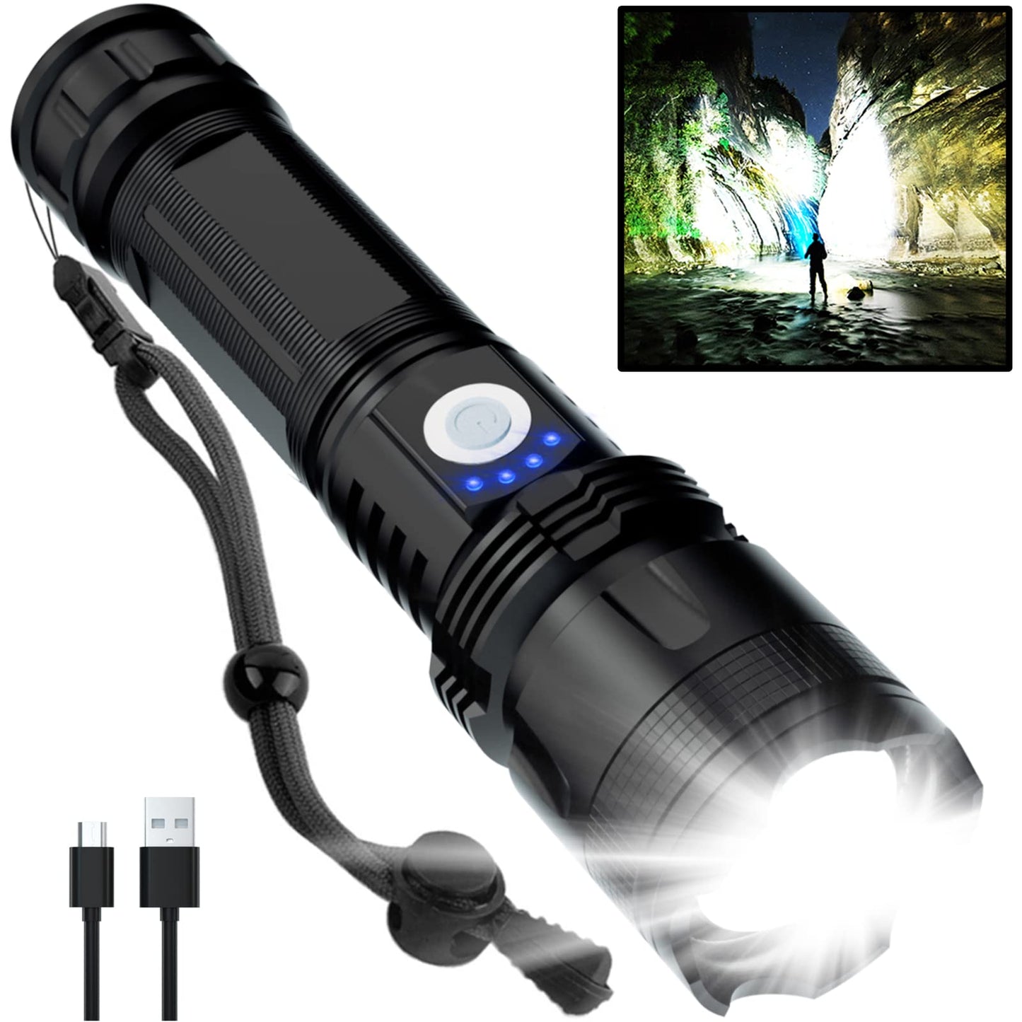 Rechargeable Flashlights High Lumens, 90000 Lumens Super Bright LED Flash Light, 5 Modes, IPX6 Waterproof Handheld Flash Light for Home, Emergencies, Camping