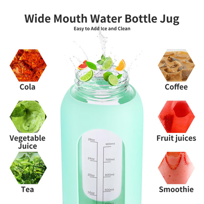 EALGRO 32 oz Glass Water Bottle with Straw and Handle, Sports Motivational Water Flask with Silicone Sleeve, Large Leakproof Water Flask Cup with Time Marker for Travel, Gym, Black