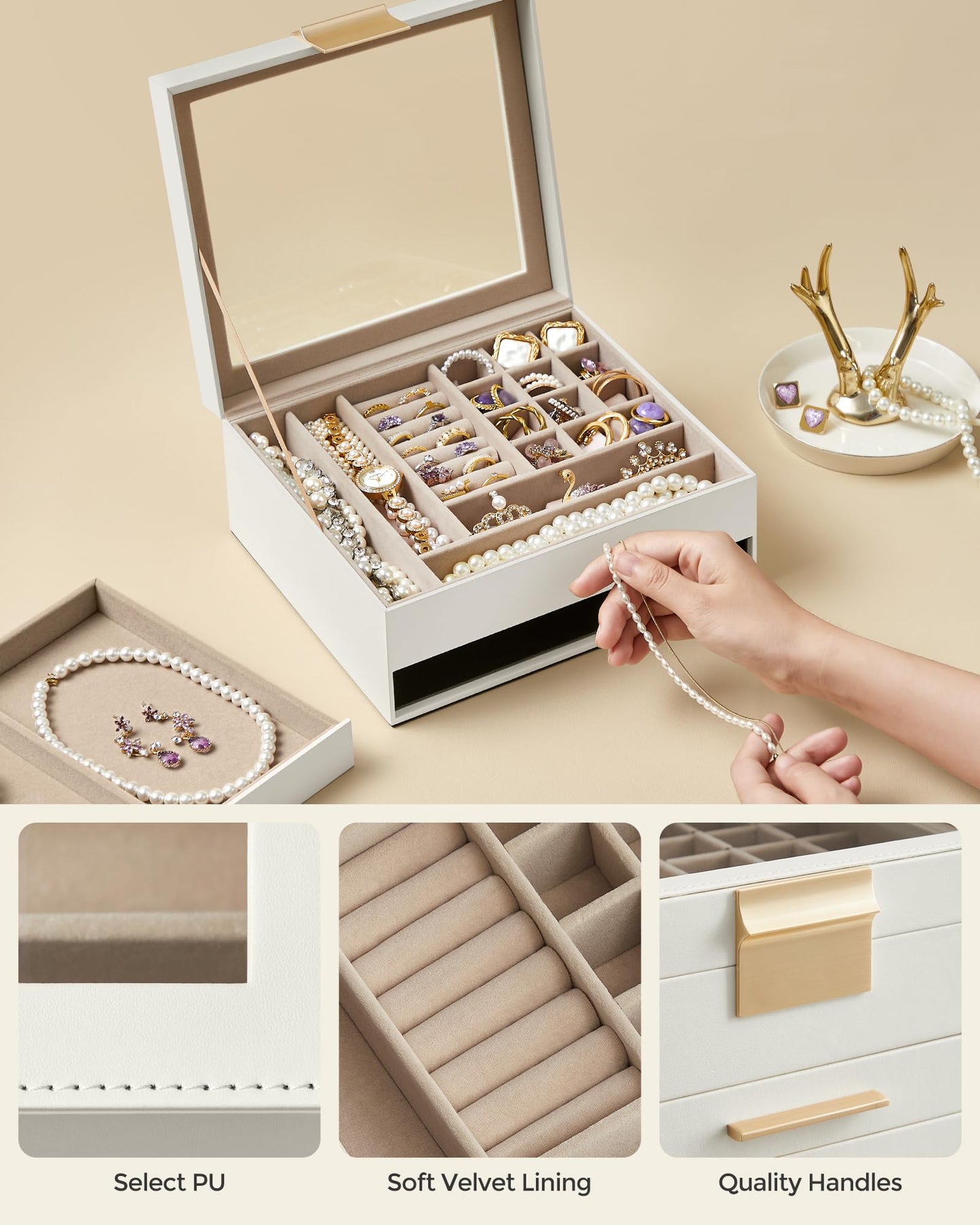 SONGMICS Jewelry Box Organizer with Glass Lid, 2-Layer Jewelry Storage, with 1 Drawer, Modern Style, 8 x 9.1 x 4.1 Inches, Cloud White and Gold Color UJBC174W01