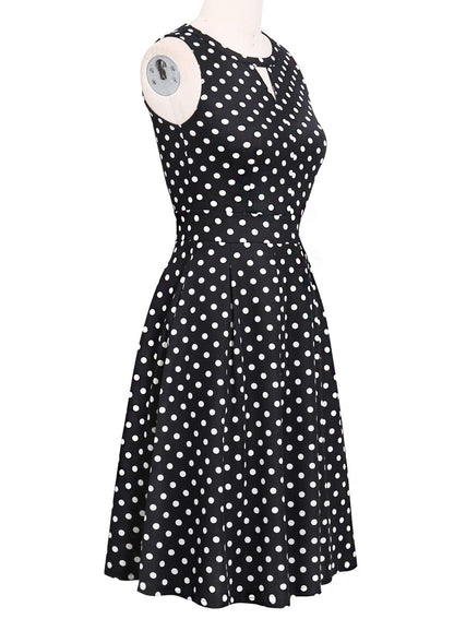 Sureple Wear to Work Dresses for Women Retro 50s Black Polka Dot Keyhole Cutout Pleated Summer Fit and Flare Swing Casual Dresses with Pockets (L, SP81-Black Dot)