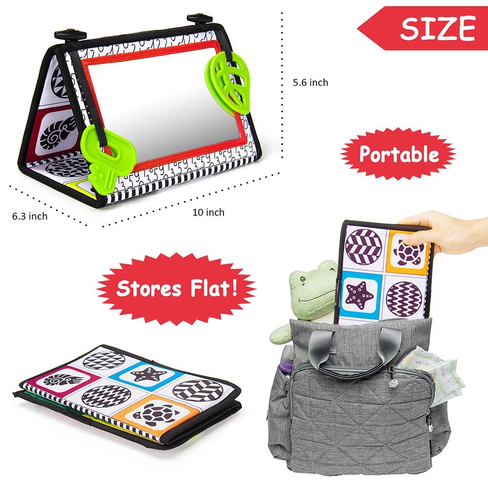 teytoy Tummy Time Baby Mirror Toys with Teethers, Double Black and White High Contrast Baby Toys 0-6 Months, Foldable Floor Sensory Development Toys for Infants Newborn