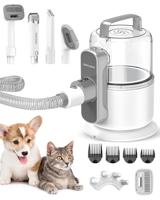 Dog Vacuum Grooming Kit for Shedding: Professional Hair Clippers Pet Groomer - Strong Suction Cleaner Deshedding Tool Fur Brush Attachment Trimmer for Home Cat (Deep White)
