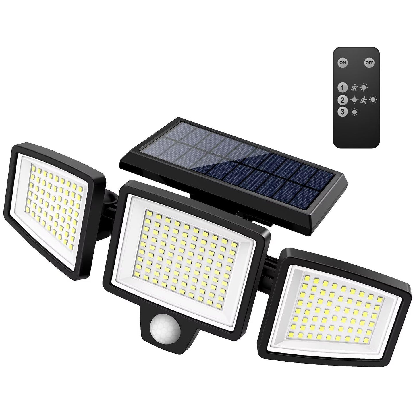 Tuffenough Solar Outdoor Lights 2500LM 210 LED Security Lights with Remote Control,3 Heads Motion Sensor Lights, IP65 Waterproof,270° Wide Angle Flood Wall Lights with 3 Modes (1 Pack)