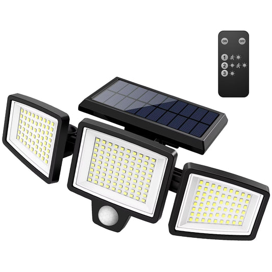 Tuffenough Solar Outdoor Lights 2500LM 210 LED Security Lights with Remote Control,3 Heads Motion Sensor Lights, IP65 Waterproof,270° Wide Angle Flood Wall Lights with 3 Modes (1 Pack)