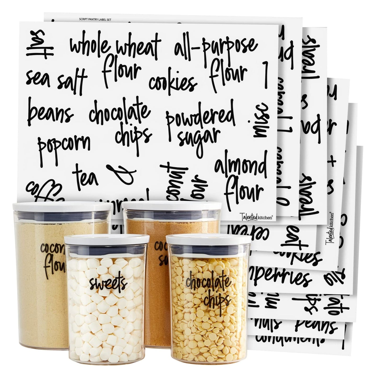 Talented Kitchen Pantry Labels for Food Containers 157 Piece - Preprinted Black Script Kitchen Food Organization Labels for Storage and Jars (Water-Resistant)